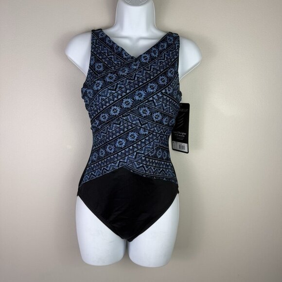 Miraclesuit One Piece Swimsuit Paillette Brio Blue Black Shaping Size 8 Slimming - Picture 3 of 8